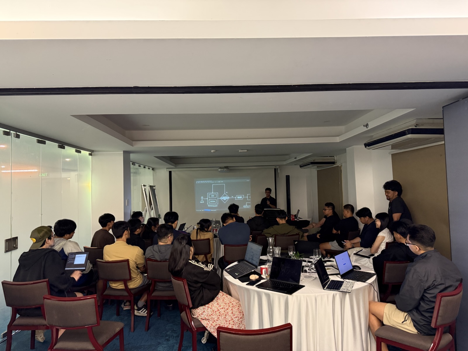 Teammates with laptops watching a presentation in a meeting room